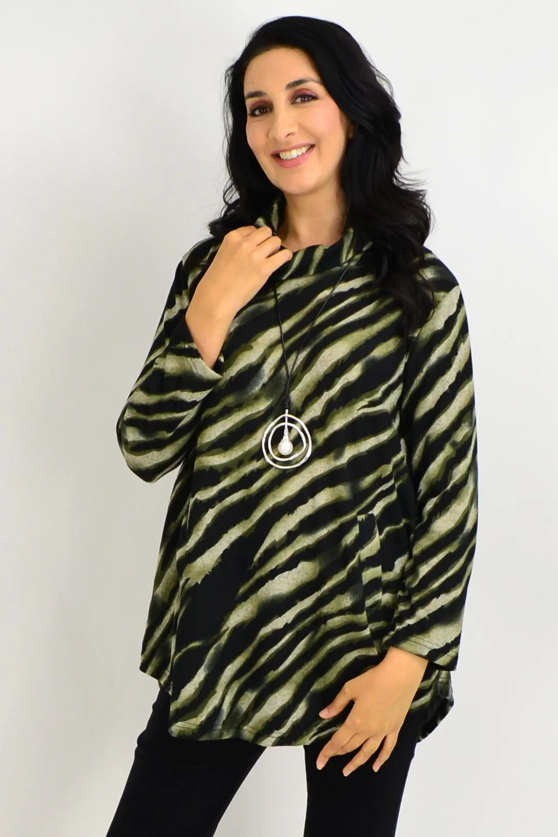 Khaki Rolled Neck Zebra Tunic Top