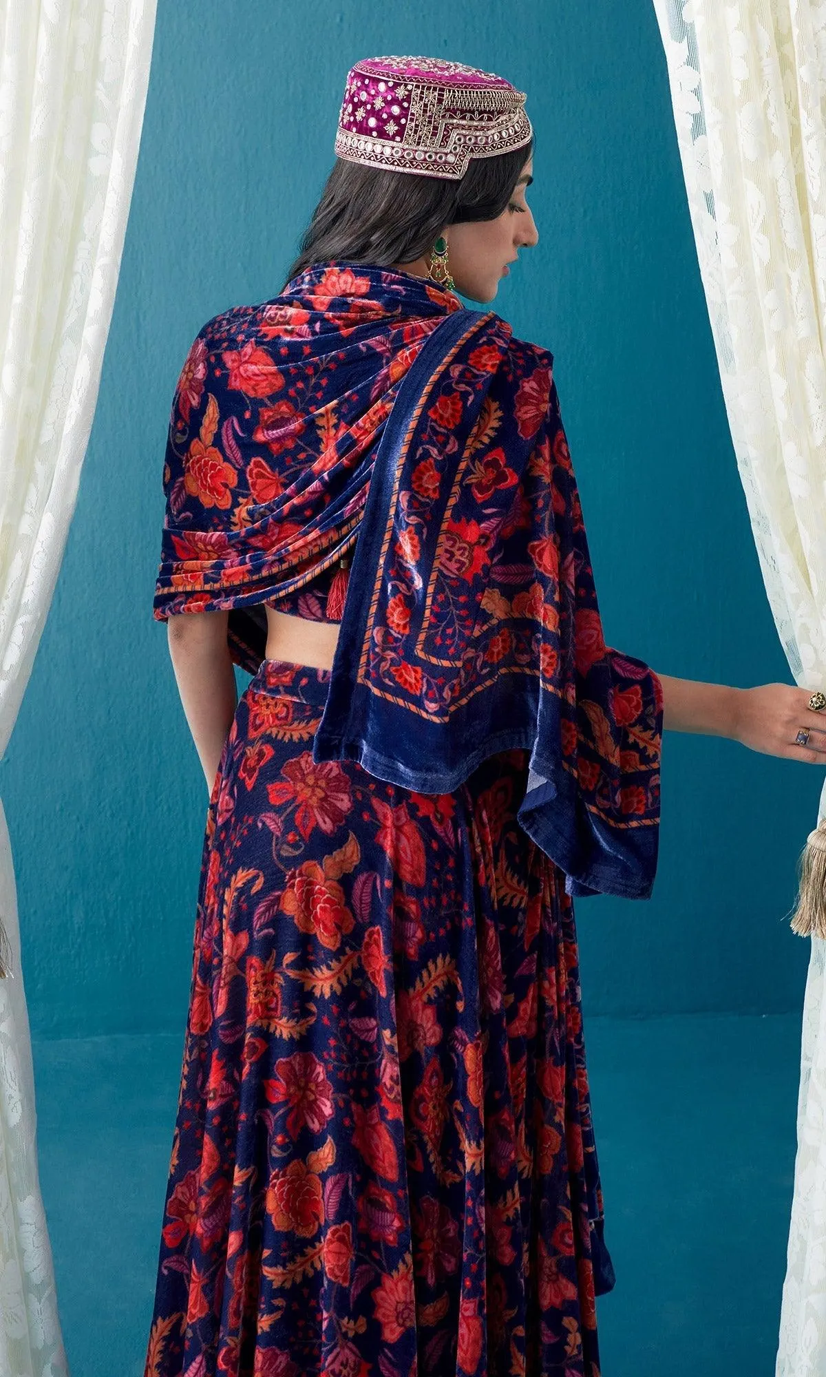 Khizaan Chintz Midnight Blue Velvet Shawl Only