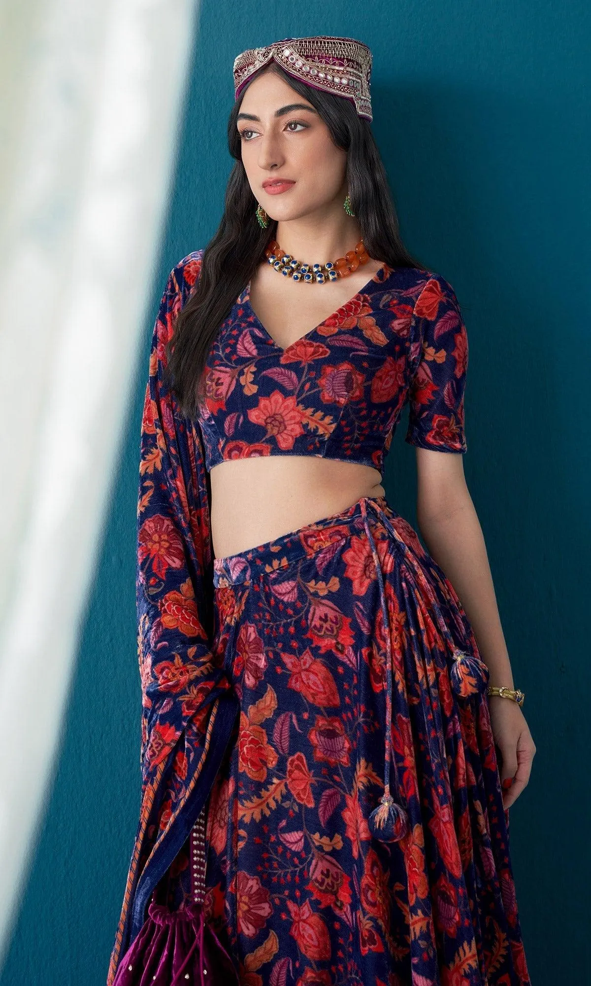 Khizaan Chintz Midnight Blue Velvet Shawl Only