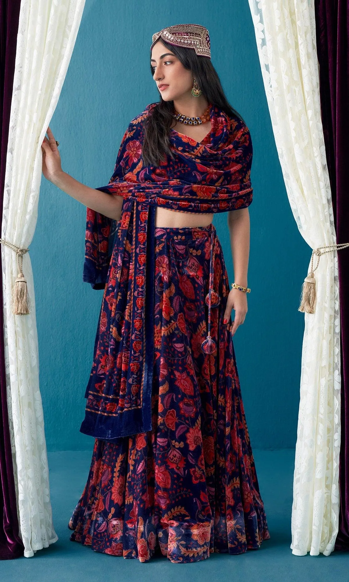 Khizaan Chintz Midnight Blue Velvet Shawl Only