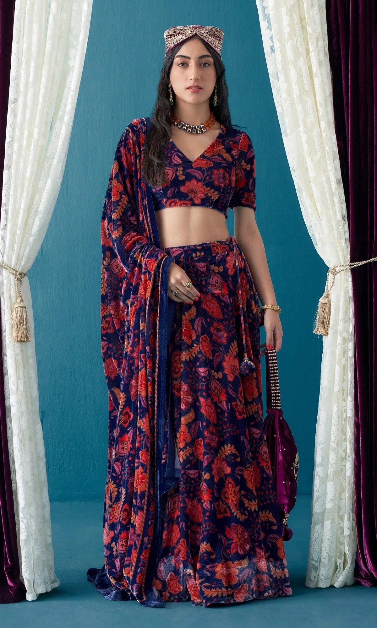 Khizaan Chintz Midnight Blue Velvet Shawl Only