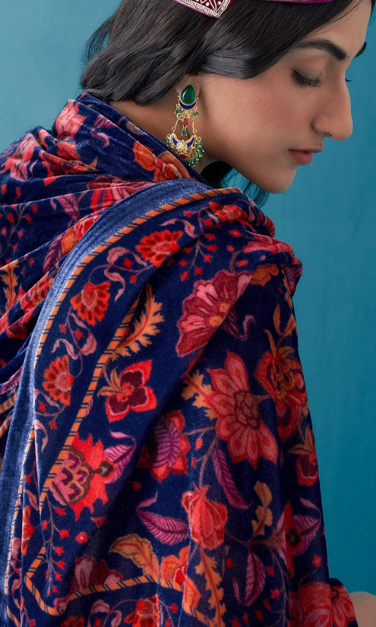 Khizaan Chintz Midnight Blue Velvet Shawl Only