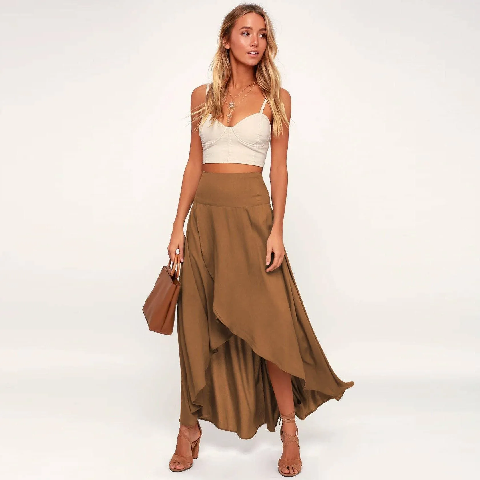 Ladies Inregualr Flounce Daily Ruffled Midi Skirt GQRB