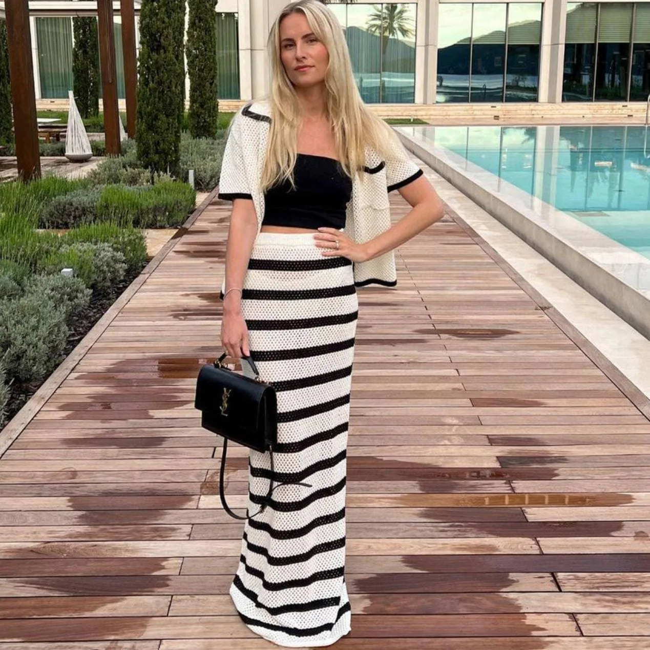 Ladies Lapel Top Striped Midi Skirt 2PCS Set 5014