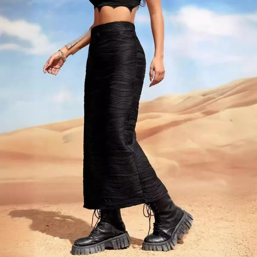 Ladies Water Ripple Textured Slit Skirt 5059#