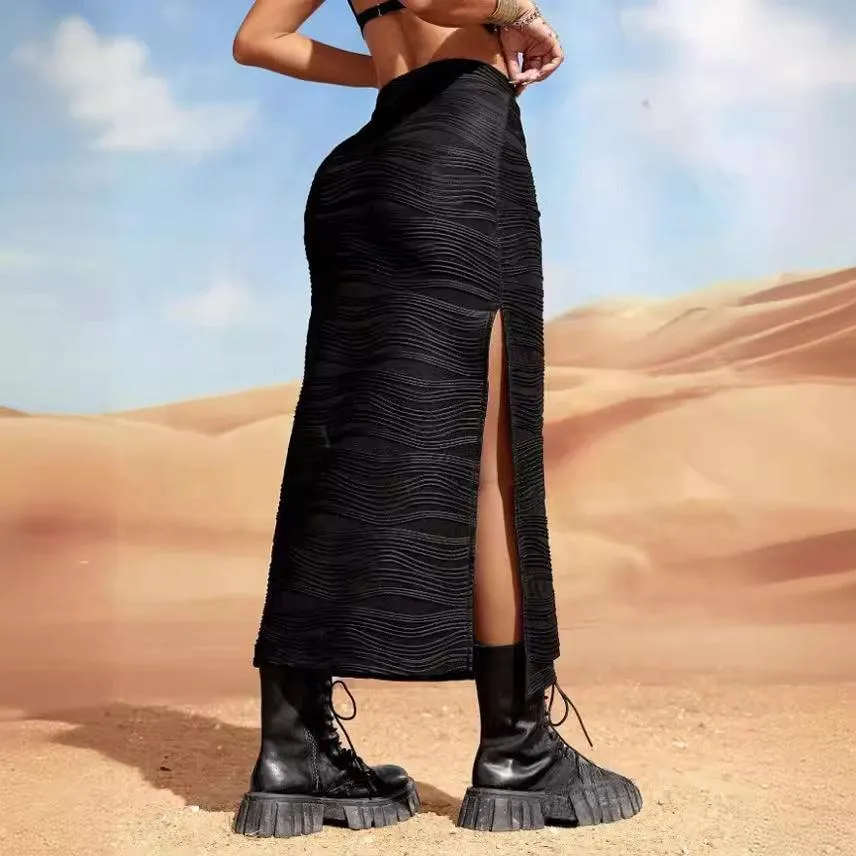 Ladies Water Ripple Textured Slit Skirt 5059#