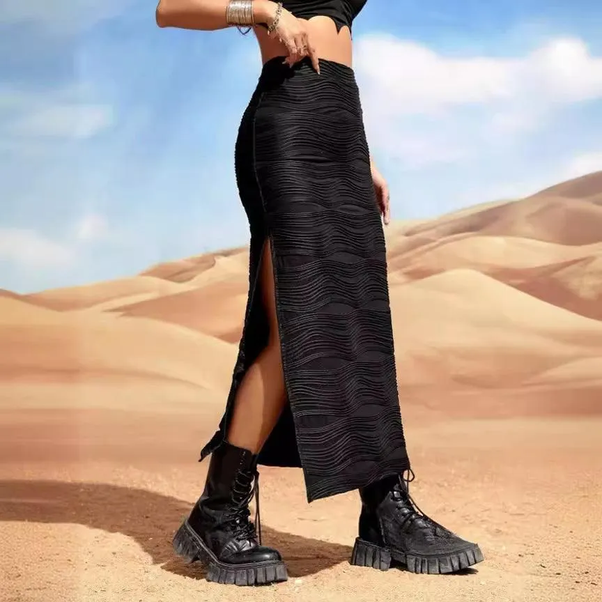 Ladies Water Ripple Textured Slit Skirt 5059#