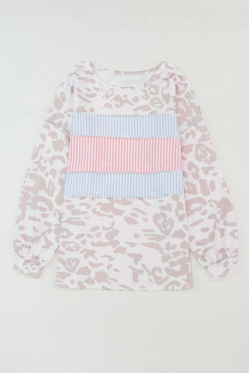 Leopard Animal Print Contrast Stripes Patchwork Puff Sleeve Knit Top