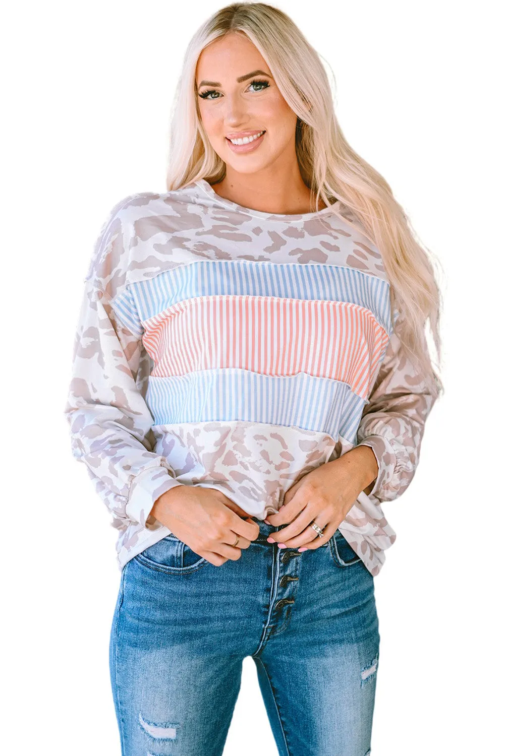 Leopard Animal Print Contrast Stripes Patchwork Puff Sleeve Knit Top