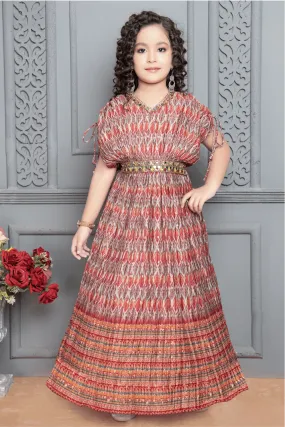 Multicolor Digital Print, Stone, Mirror and Sequins work Poncho Style Long Party Gown for Girls