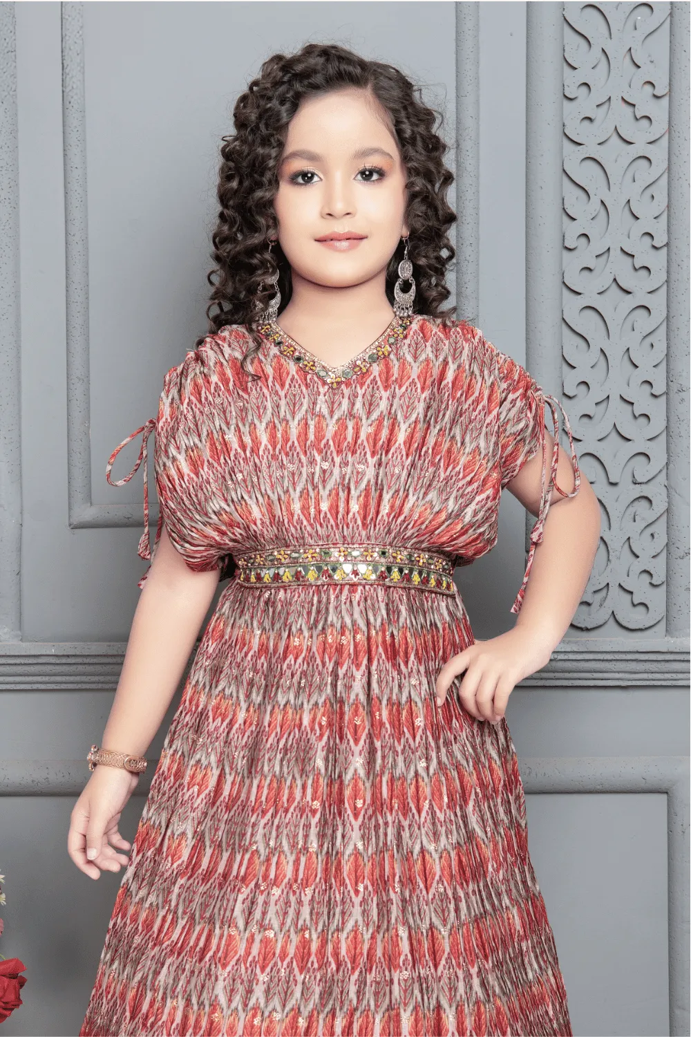 Multicolor Digital Print, Stone, Mirror and Sequins work Poncho Style Long Party Gown for Girls