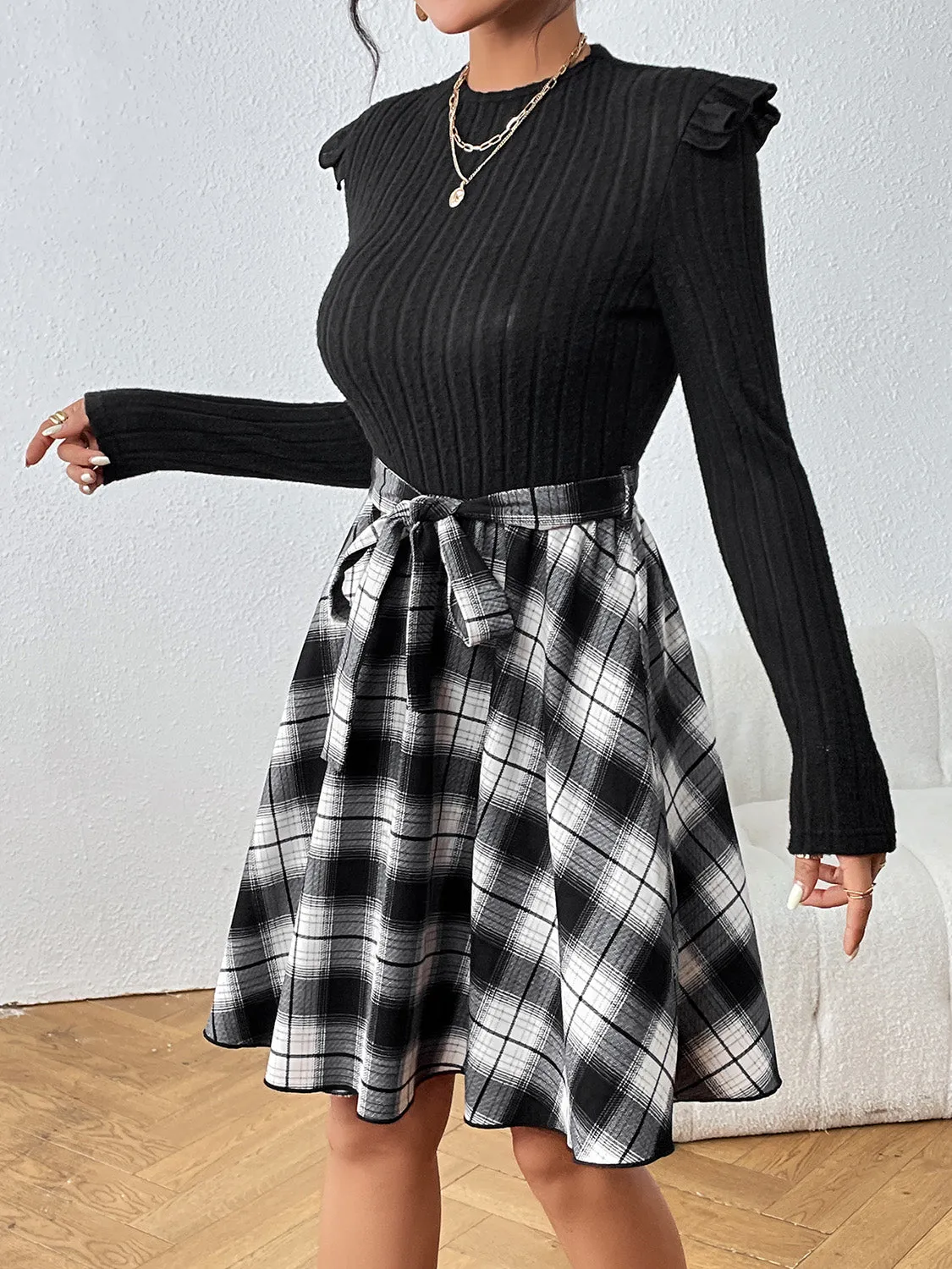 Plaid Ruffle Shoulder Dress
