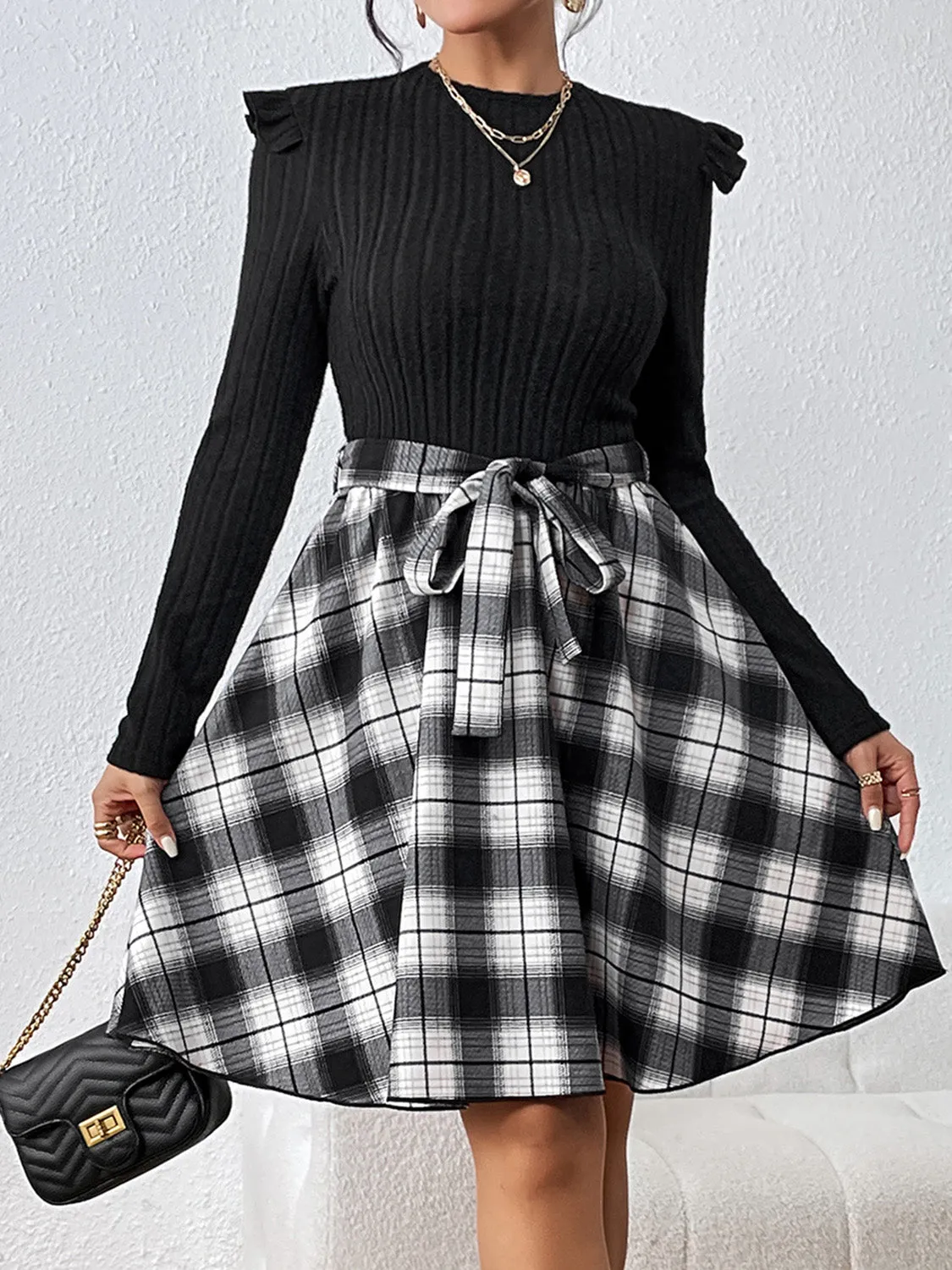 Plaid Ruffle Shoulder Dress