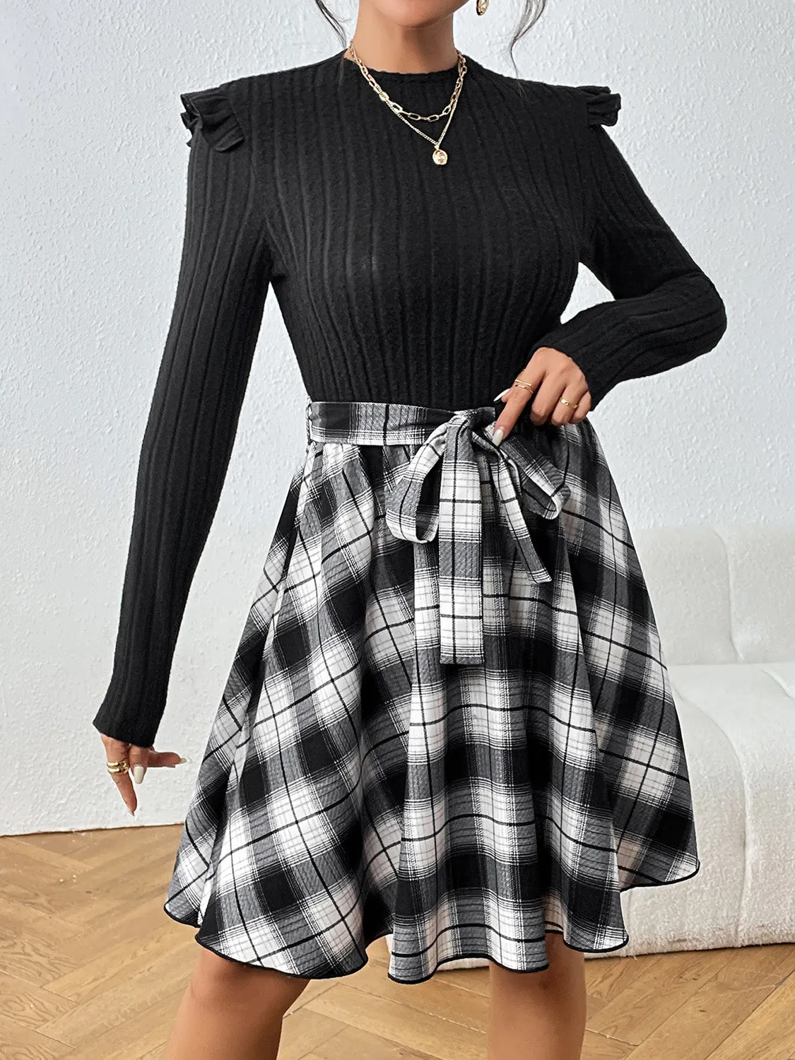 Plaid Ruffle Shoulder Dress