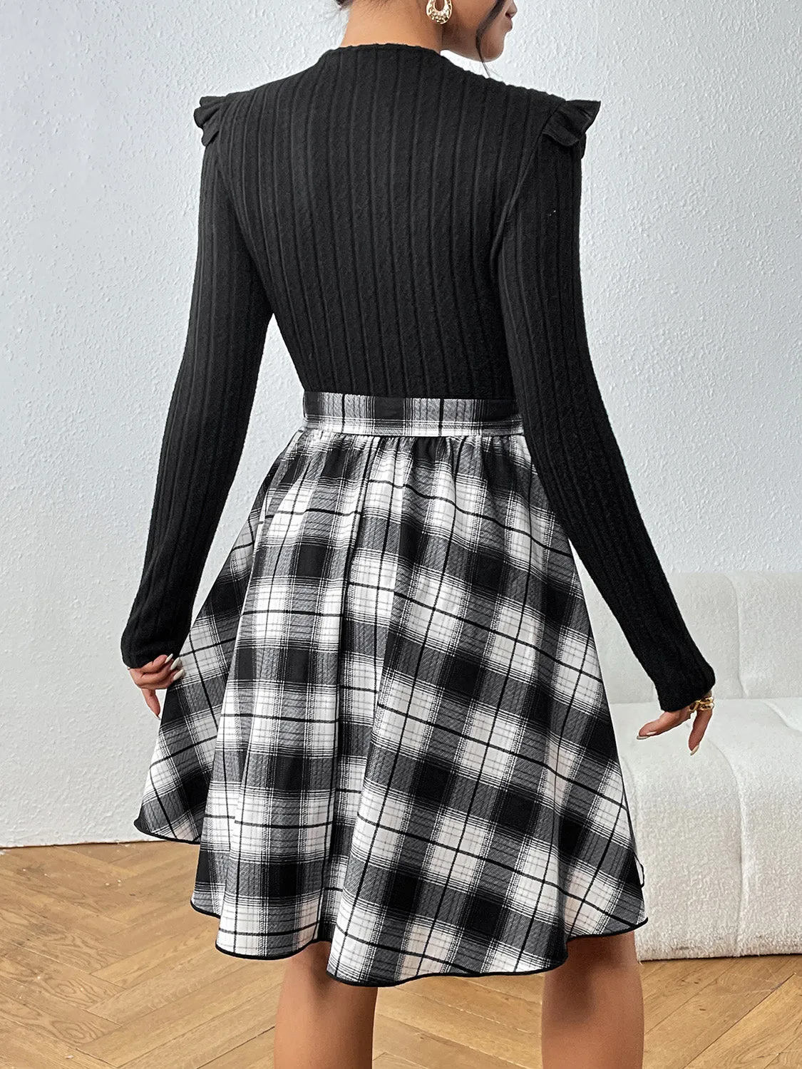 Plaid Ruffle Shoulder Dress