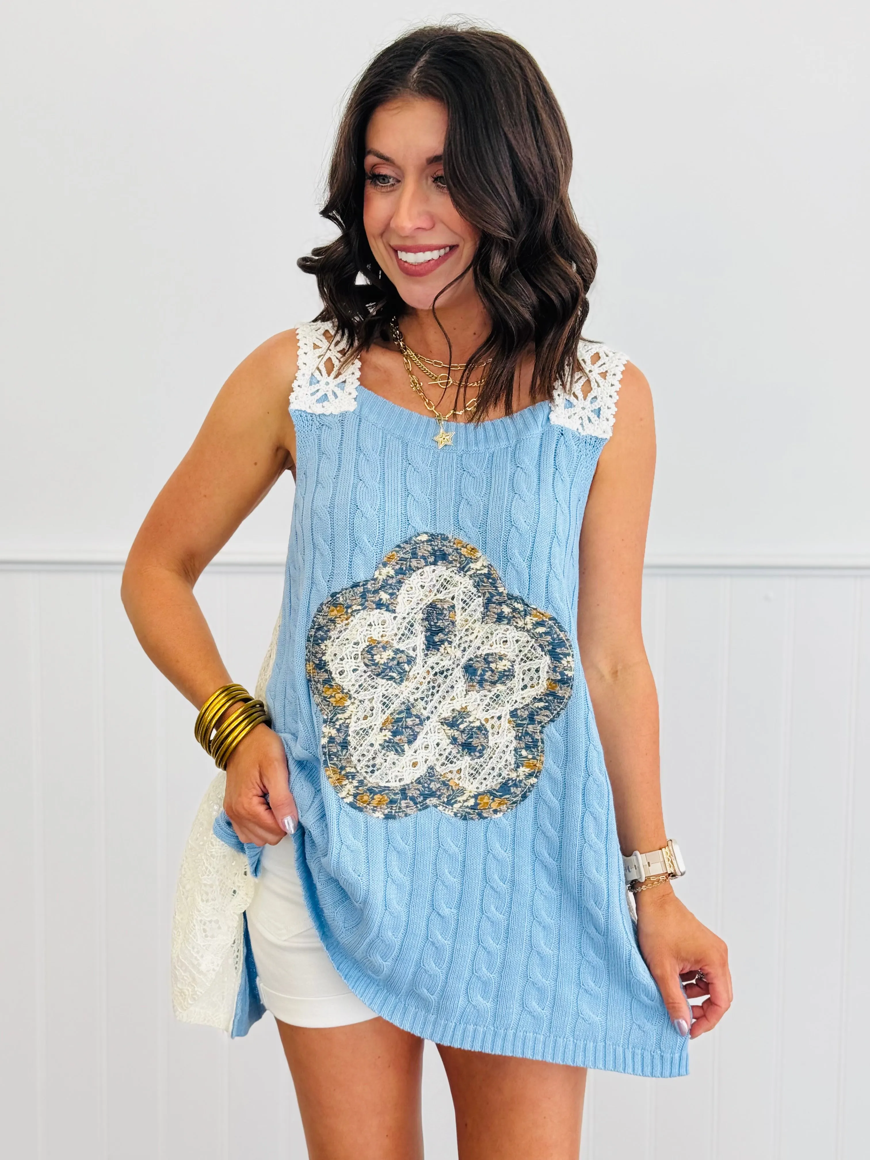 POL Evening Blue Quilt & Lace Tunic Sweater Top (Reg.)