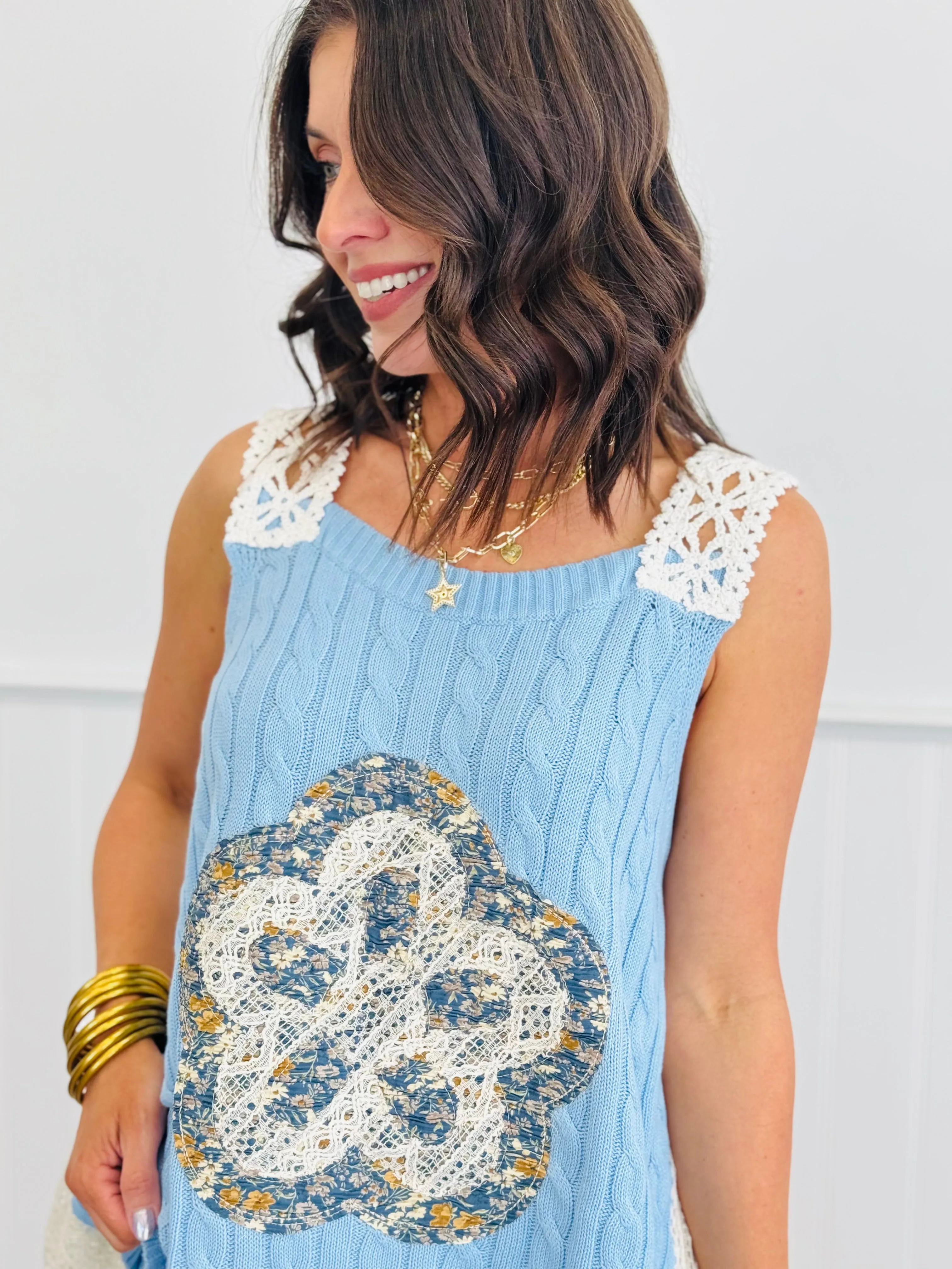 POL Evening Blue Quilt & Lace Tunic Sweater Top (Reg.)