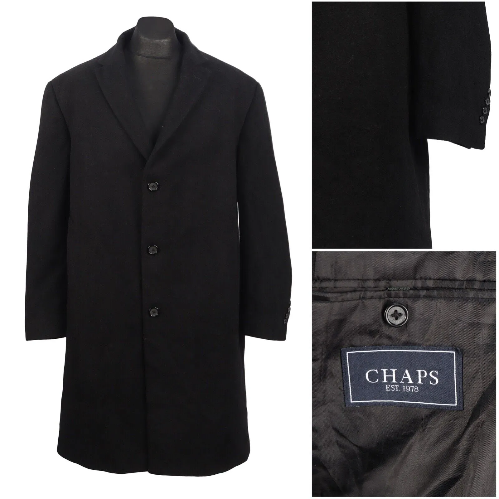 RALPH LAUREN CHAPS Coat Black Wool Men's Size 38 / 48 R