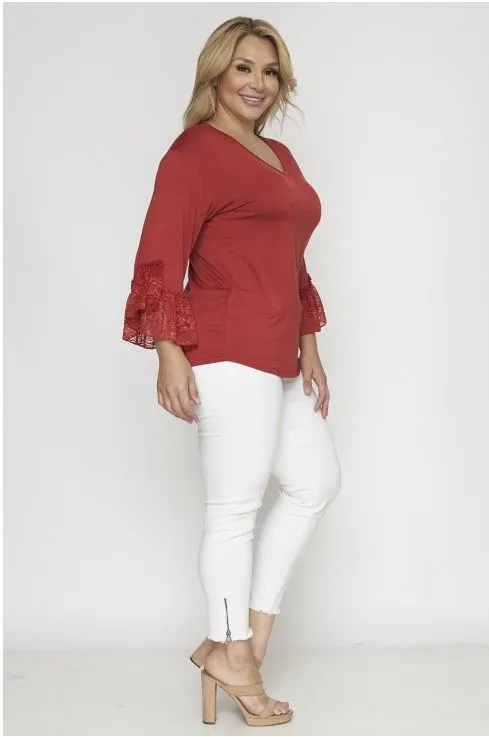 Rust Red Lace Accent Plus Size Tunic Top
