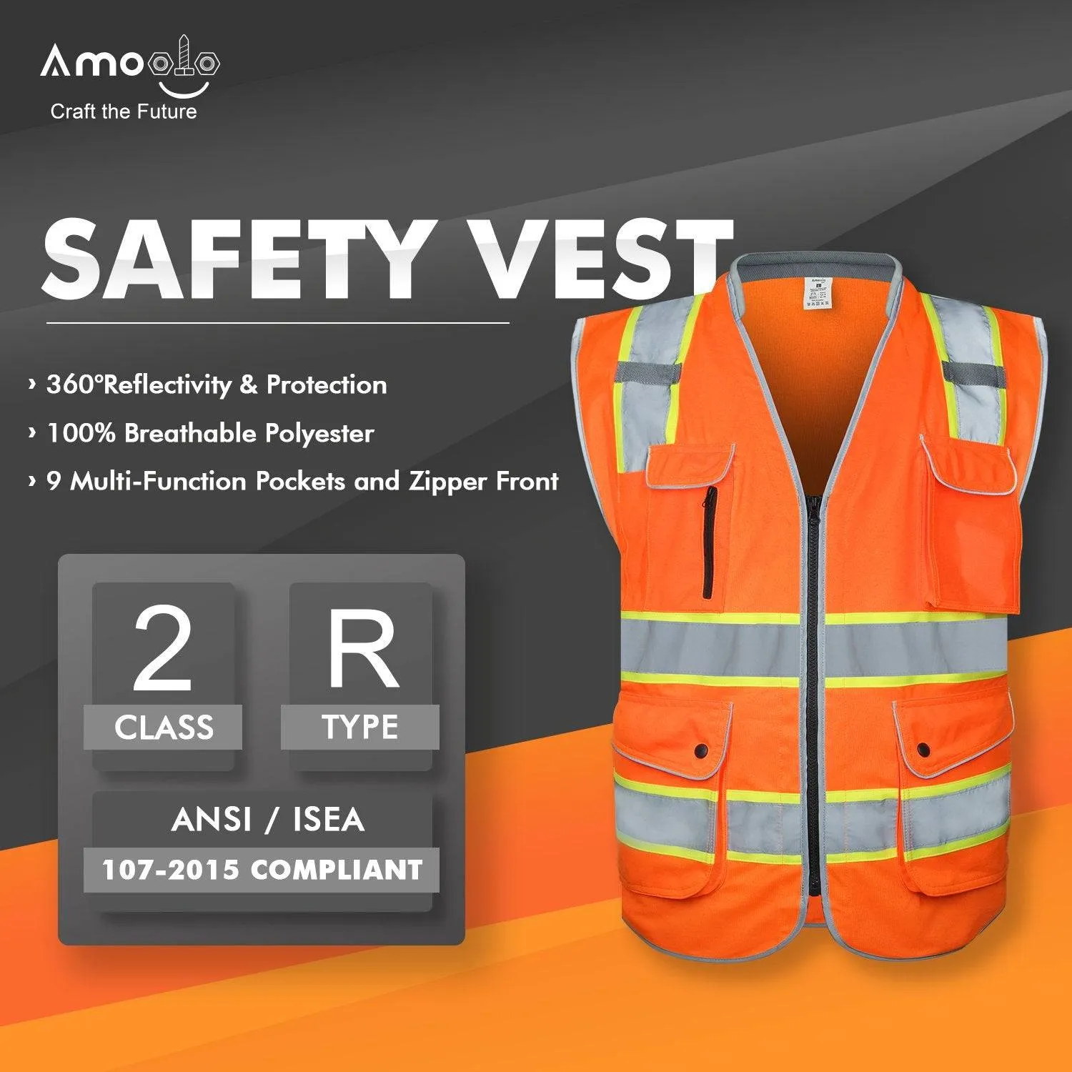 Safety Vest, High Visibility Reflective, 9 Pockets and Padded Neck, for Full Protection