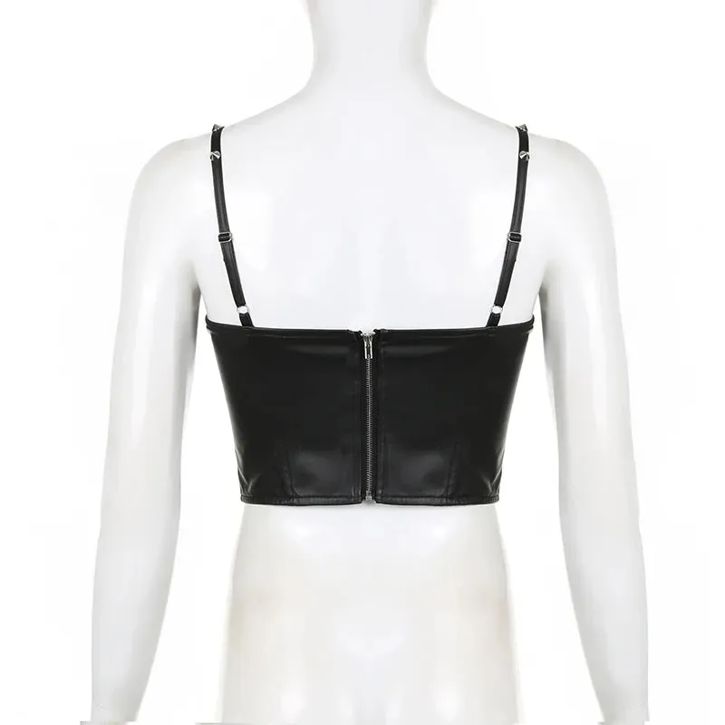 Strap Black Fashion Rivet Corset Top Club Party Gothic Punk Camisole Short PU Leather Tops for Women Hot Zipper Tanks