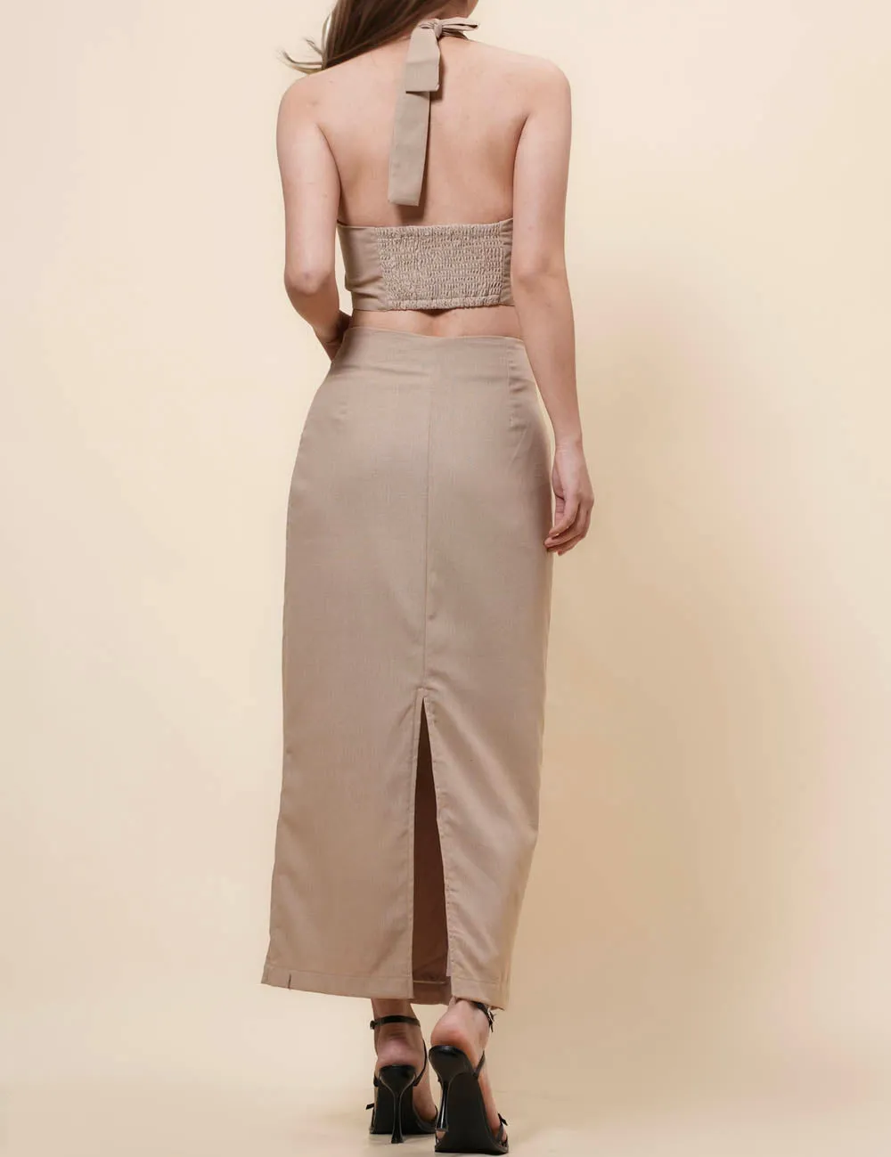 String Tie Halter Bandeau Midi Split Skirt Set 2TZ2192