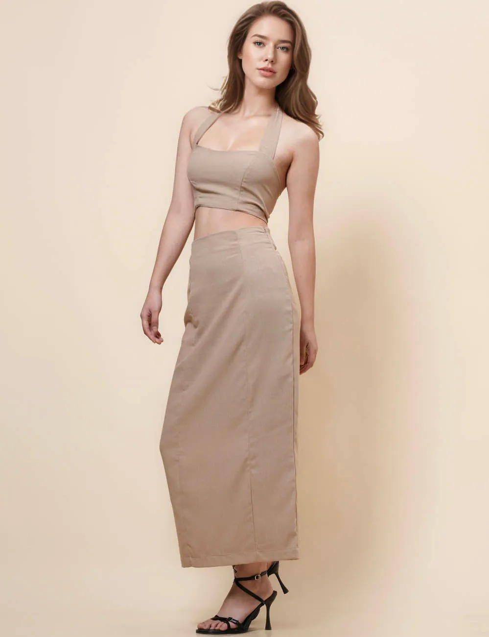 String Tie Halter Bandeau Midi Split Skirt Set 2TZ2192