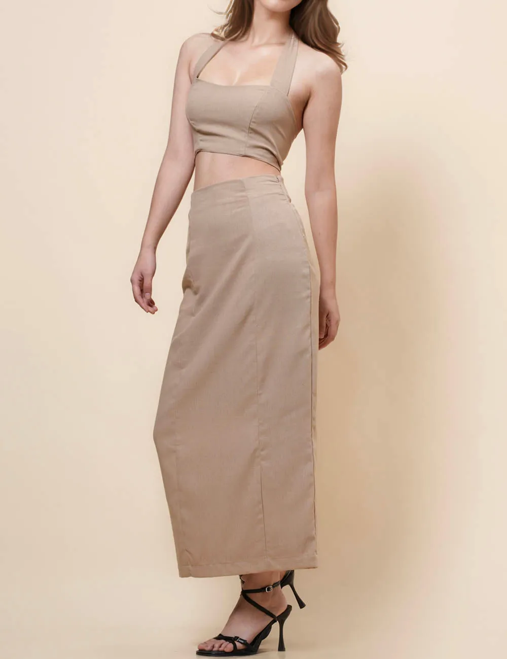 String Tie Halter Bandeau Midi Split Skirt Set 2TZ2192