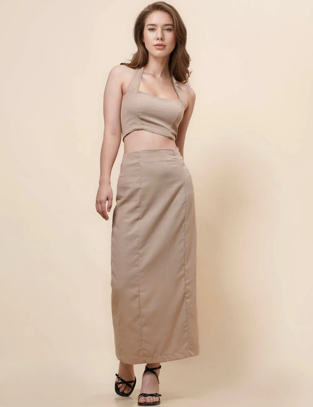 String Tie Halter Bandeau Midi Split Skirt Set 2TZ2192