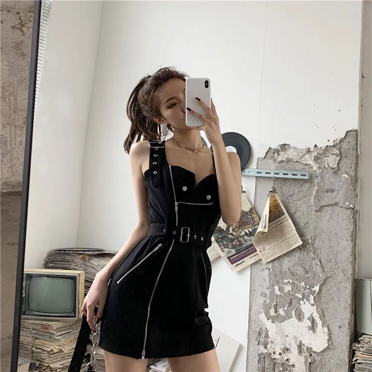 VenusFox Black Punk Mall Goth Mini Dress Women E-girl Dark Aesthetic Cyber Y2K Dress Fairy Grunge Emo Alternative Clothes Korean Fashion
