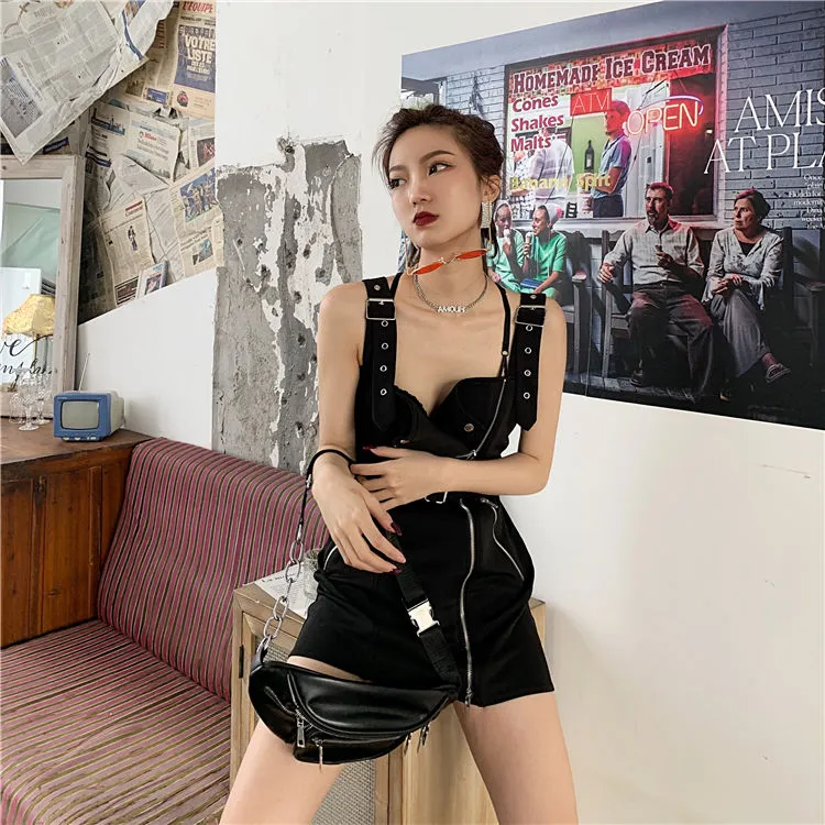 VenusFox Black Punk Mall Goth Mini Dress Women E-girl Dark Aesthetic Cyber Y2K Dress Fairy Grunge Emo Alternative Clothes Korean Fashion