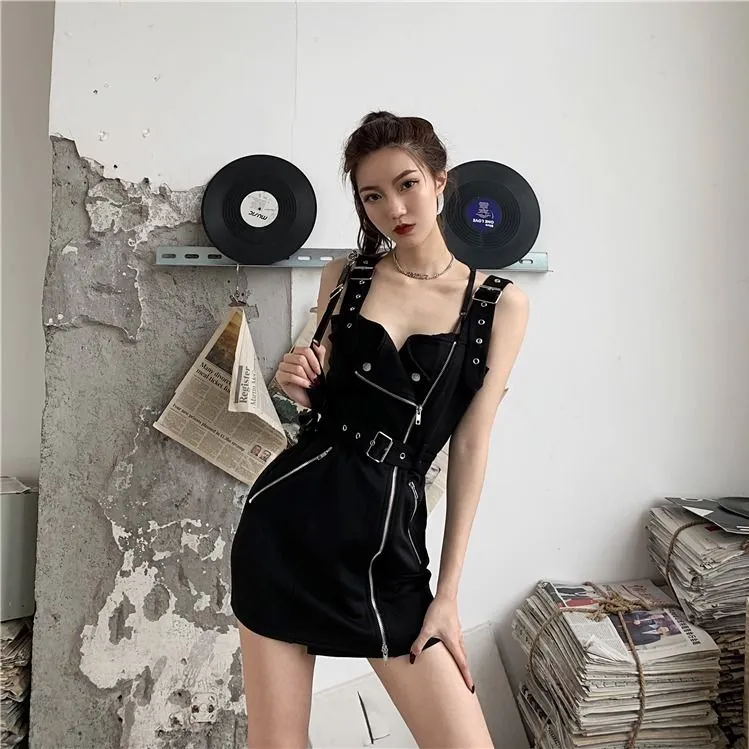 VenusFox Black Punk Mall Goth Mini Dress Women E-girl Dark Aesthetic Cyber Y2K Dress Fairy Grunge Emo Alternative Clothes Korean Fashion