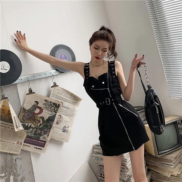 VenusFox Black Punk Mall Goth Mini Dress Women E-girl Dark Aesthetic Cyber Y2K Dress Fairy Grunge Emo Alternative Clothes Korean Fashion