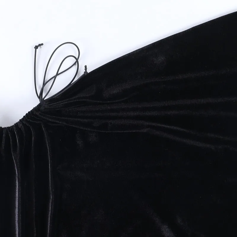 VenusFox Goth Apparel Black Sexy Lace Dress Trim A Line Mini Dresses Side Drawstring Hollow Out Punk Party Clubwear Camisole Dress