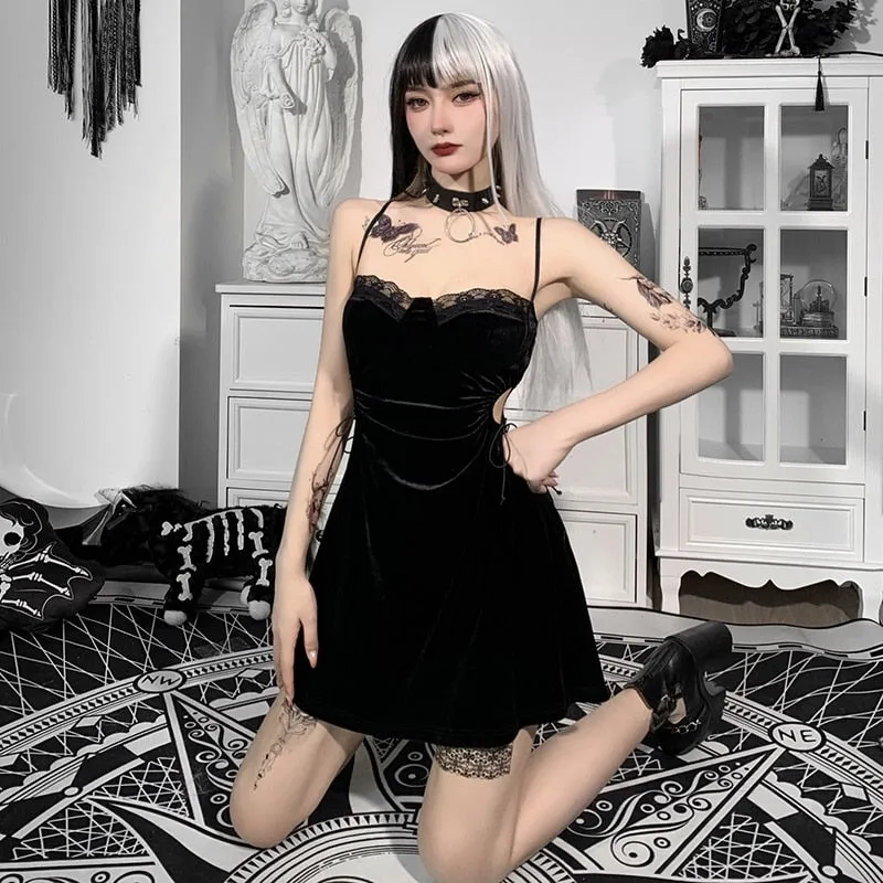 VenusFox Goth Apparel Black Sexy Lace Dress Trim A Line Mini Dresses Side Drawstring Hollow Out Punk Party Clubwear Camisole Dress