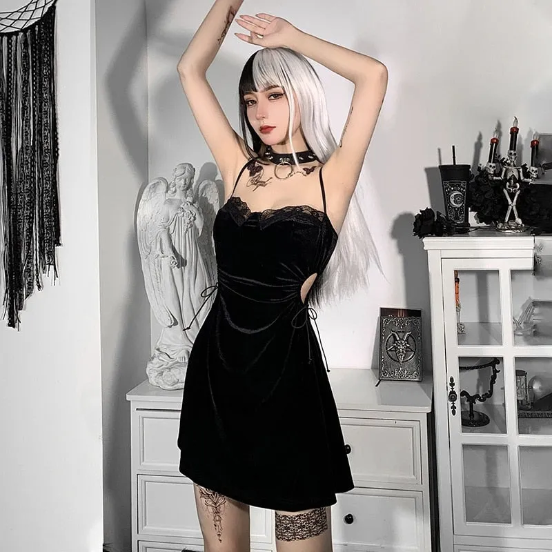 VenusFox Goth Apparel Black Sexy Lace Dress Trim A Line Mini Dresses Side Drawstring Hollow Out Punk Party Clubwear Camisole Dress