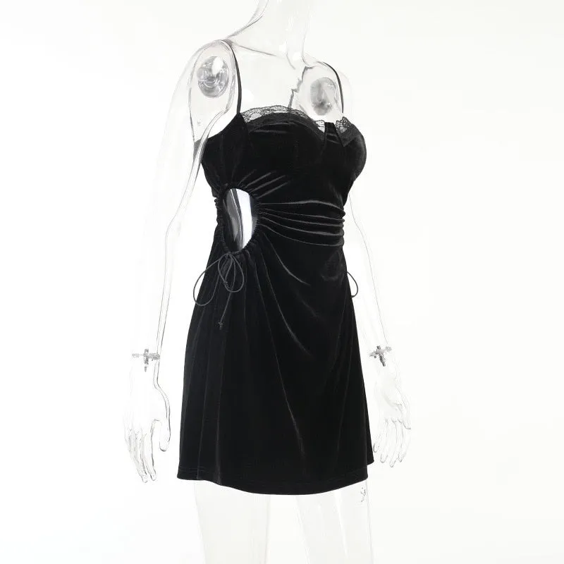 VenusFox Goth Apparel Black Sexy Lace Dress Trim A Line Mini Dresses Side Drawstring Hollow Out Punk Party Clubwear Camisole Dress