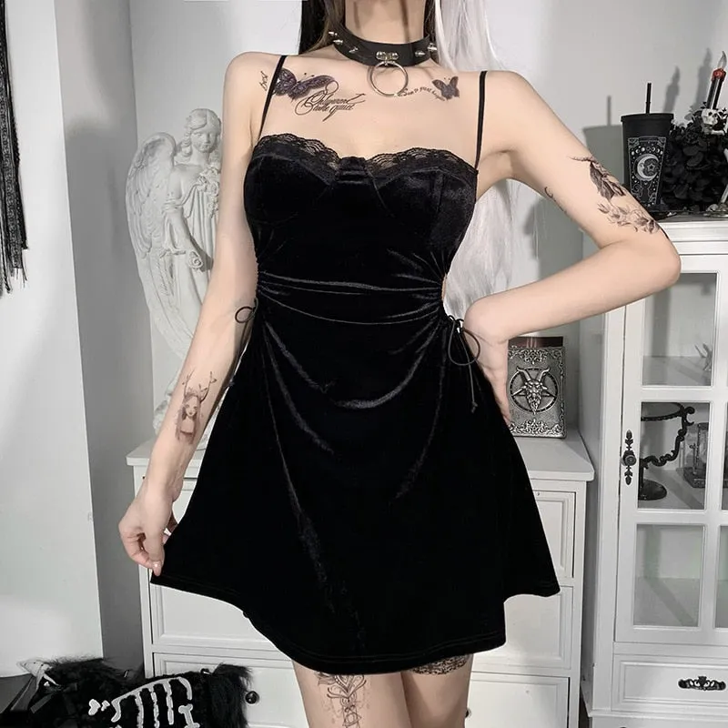 VenusFox Goth Apparel Black Sexy Lace Dress Trim A Line Mini Dresses Side Drawstring Hollow Out Punk Party Clubwear Camisole Dress