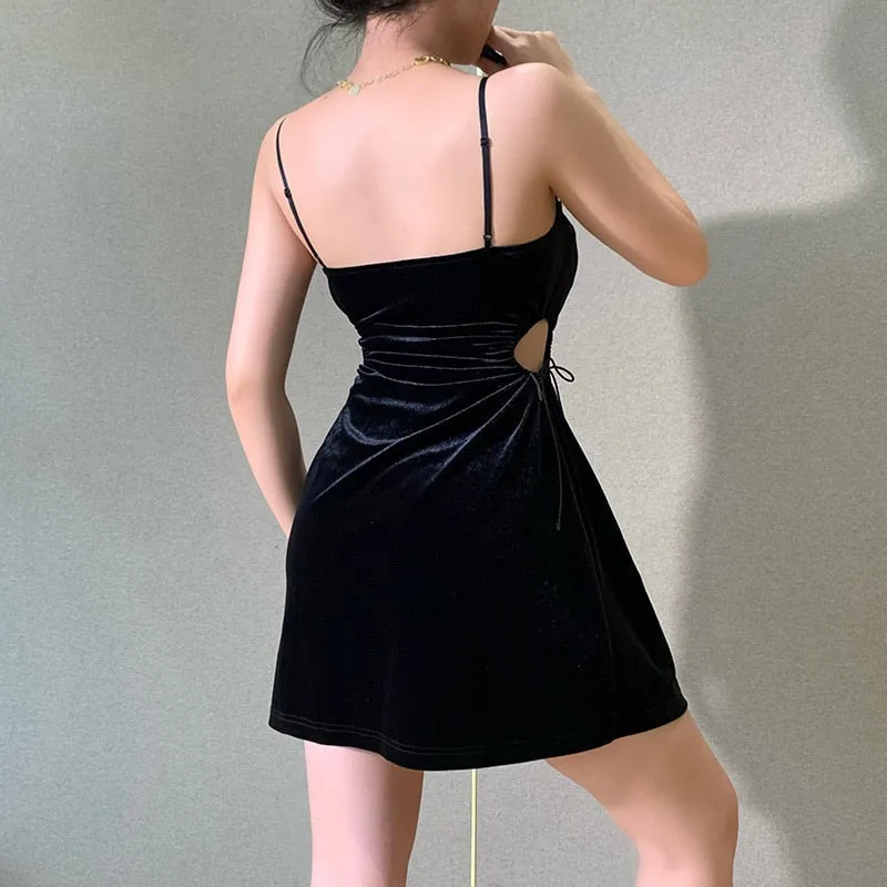 VenusFox Goth Apparel Black Sexy Lace Dress Trim A Line Mini Dresses Side Drawstring Hollow Out Punk Party Clubwear Camisole Dress