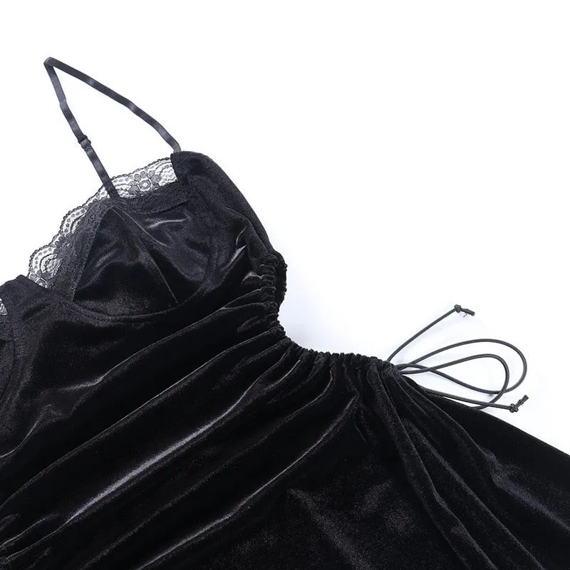 VenusFox Goth Apparel Black Sexy Lace Dress Trim A Line Mini Dresses Side Drawstring Hollow Out Punk Party Clubwear Camisole Dress
