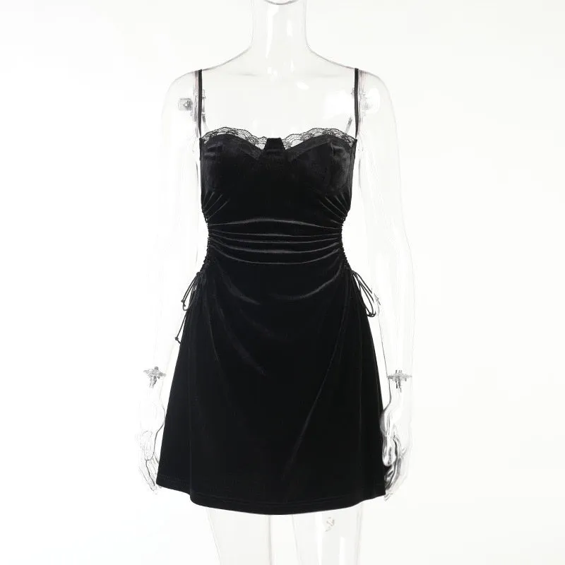 VenusFox Goth Apparel Black Sexy Lace Dress Trim A Line Mini Dresses Side Drawstring Hollow Out Punk Party Clubwear Camisole Dress