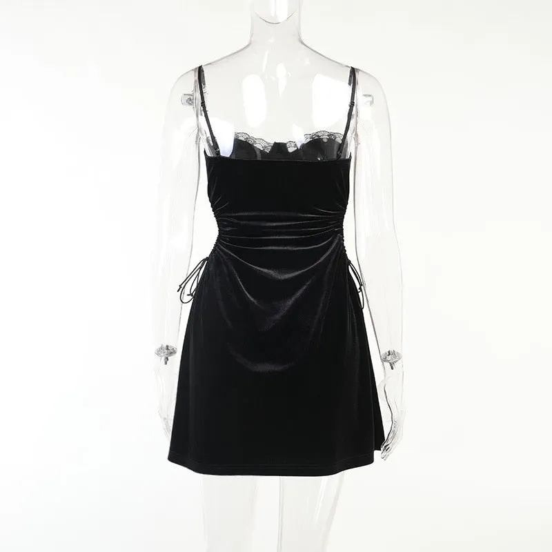 VenusFox Goth Apparel Black Sexy Lace Dress Trim A Line Mini Dresses Side Drawstring Hollow Out Punk Party Clubwear Camisole Dress