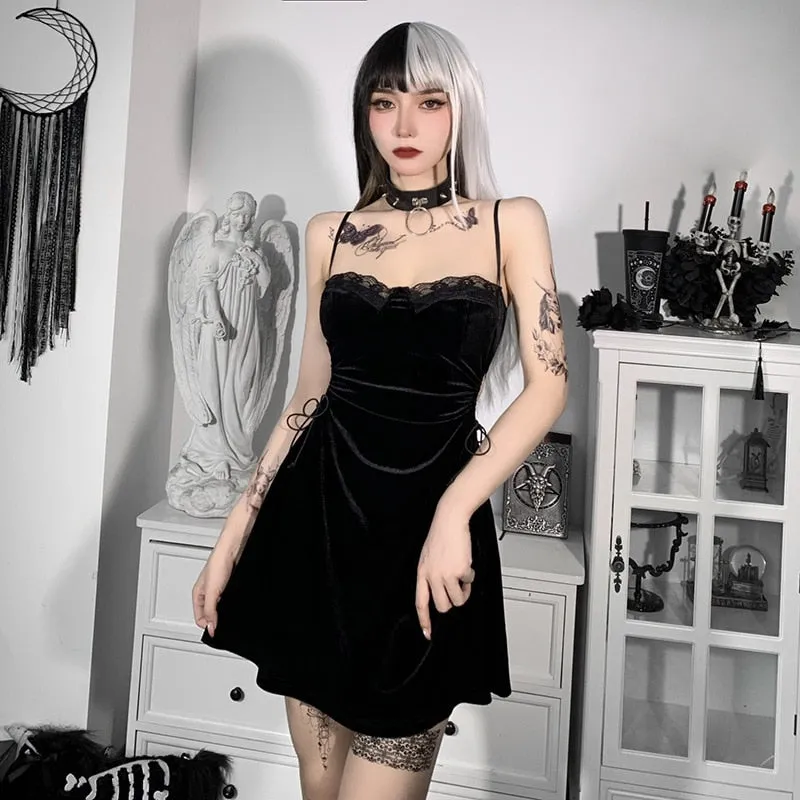VenusFox Goth Apparel Black Sexy Lace Dress Trim A Line Mini Dresses Side Drawstring Hollow Out Punk Party Clubwear Camisole Dress