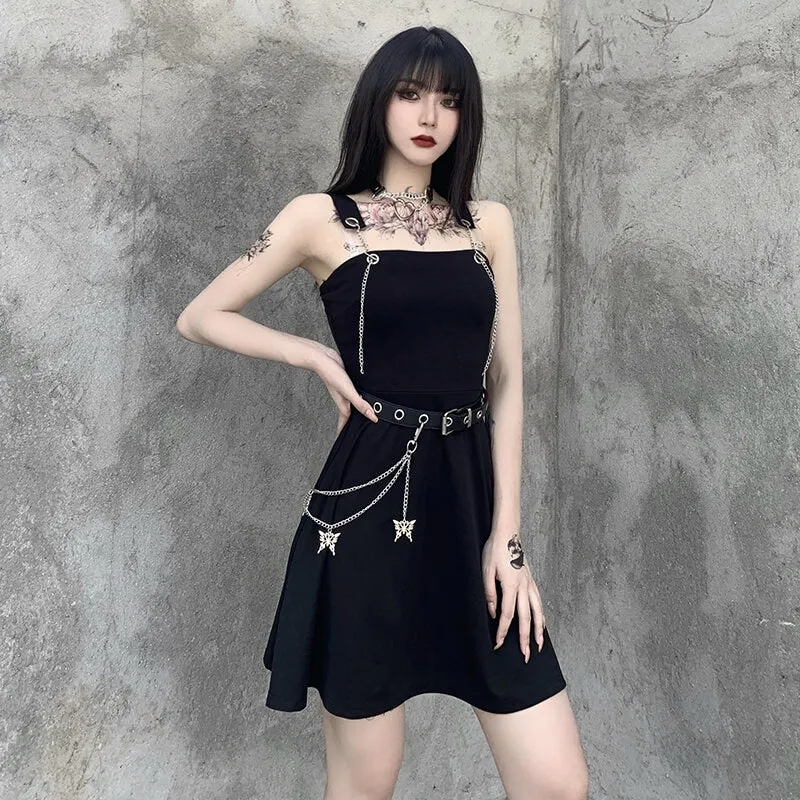 VenusFox Gothic Aesthetic Sexy High Waist A Line Dress Y2K Punk Mall Goth Chain Belts Spaghetti Straps Mini Dress Egirl Emo Alt Clothes