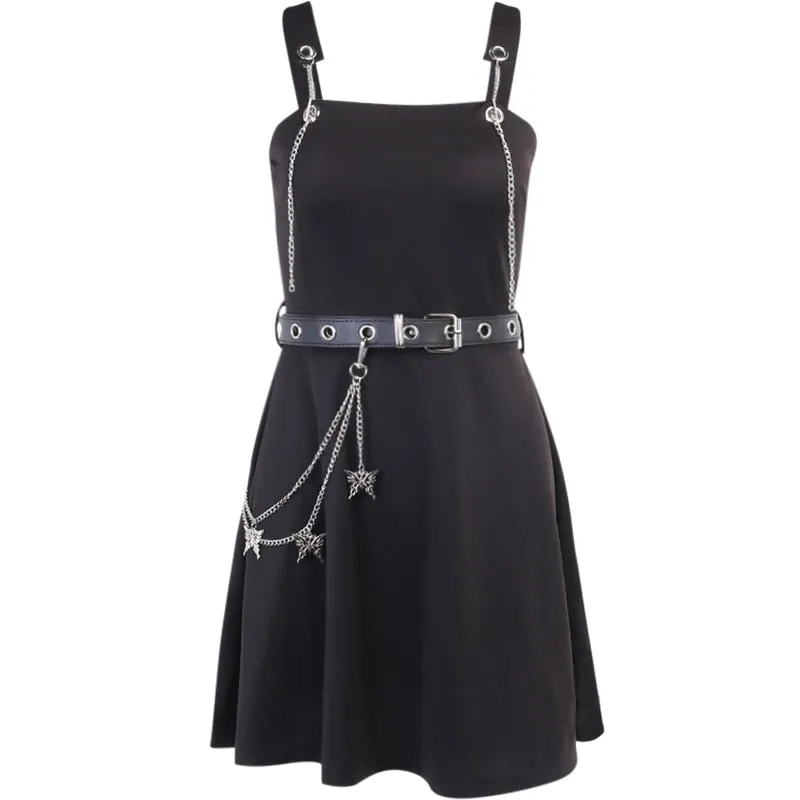 VenusFox Gothic Aesthetic Sexy High Waist A Line Dress Y2K Punk Mall Goth Chain Belts Spaghetti Straps Mini Dress Egirl Emo Alt Clothes