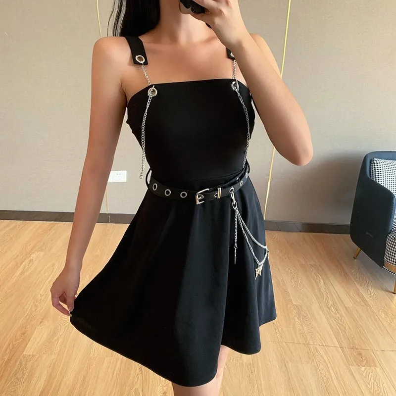 VenusFox Gothic Aesthetic Sexy High Waist A Line Dress Y2K Punk Mall Goth Chain Belts Spaghetti Straps Mini Dress Egirl Emo Alt Clothes
