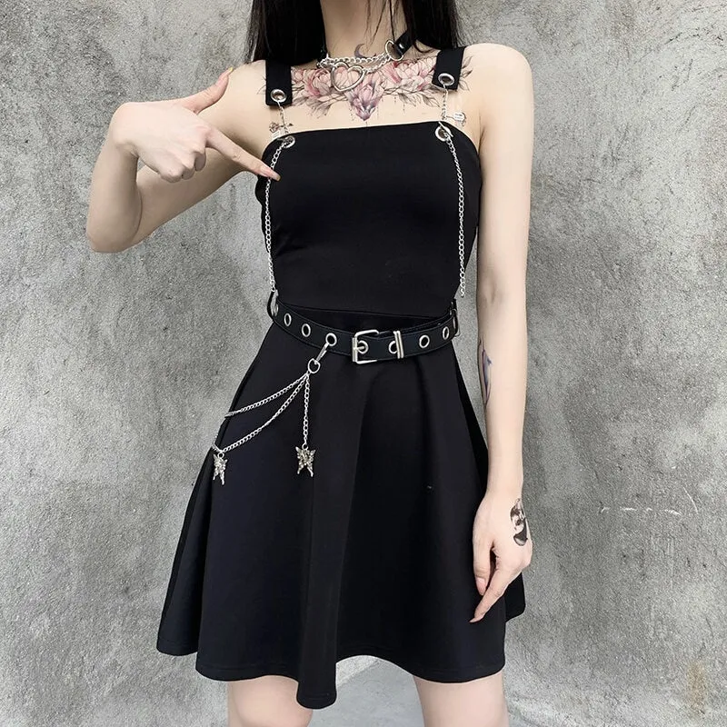 VenusFox Gothic Aesthetic Sexy High Waist A Line Dress Y2K Punk Mall Goth Chain Belts Spaghetti Straps Mini Dress Egirl Emo Alt Clothes