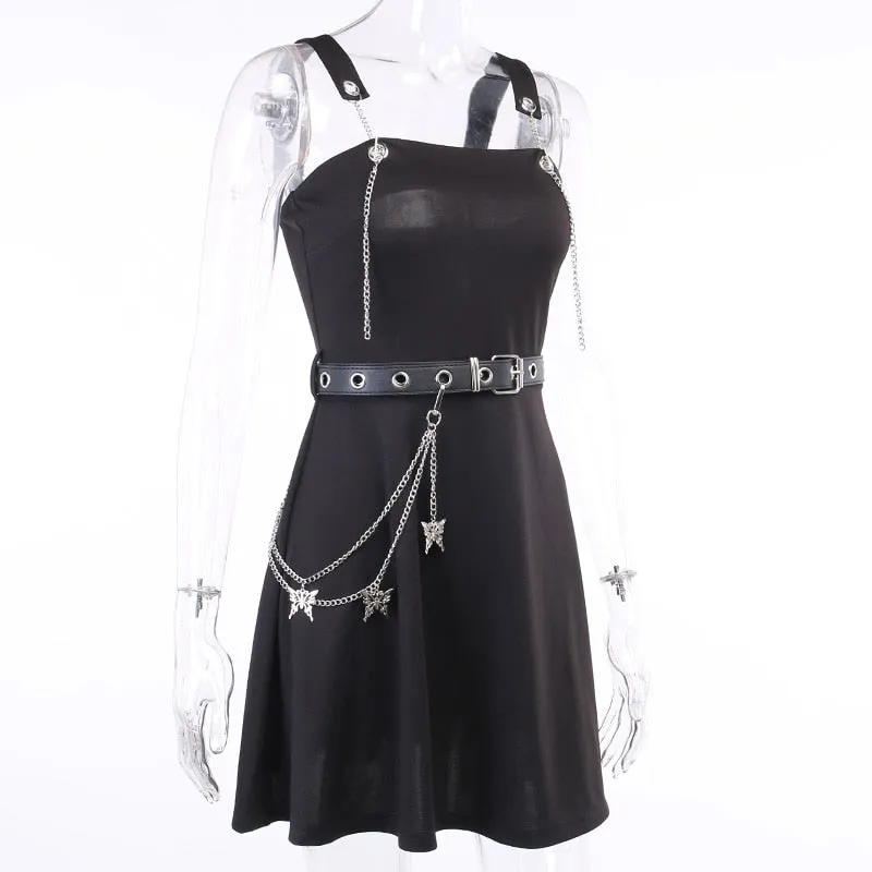 VenusFox Gothic Aesthetic Sexy High Waist A Line Dress Y2K Punk Mall Goth Chain Belts Spaghetti Straps Mini Dress Egirl Emo Alt Clothes