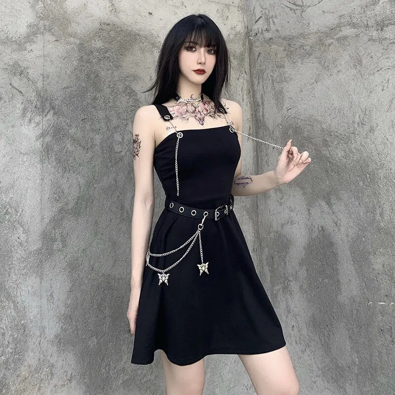 VenusFox Gothic Aesthetic Sexy High Waist A Line Dress Y2K Punk Mall Goth Chain Belts Spaghetti Straps Mini Dress Egirl Emo Alt Clothes