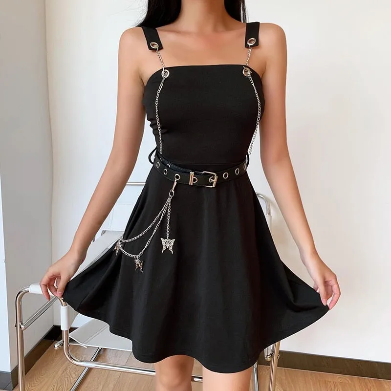 VenusFox Gothic Aesthetic Sexy High Waist A Line Dress Y2K Punk Mall Goth Chain Belts Spaghetti Straps Mini Dress Egirl Emo Alt Clothes